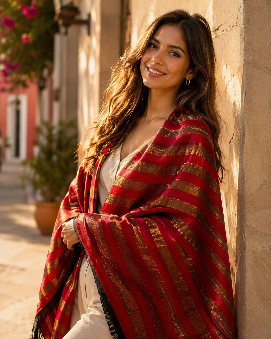 Estola de Lana Zari Roja y Dorada - Rojo